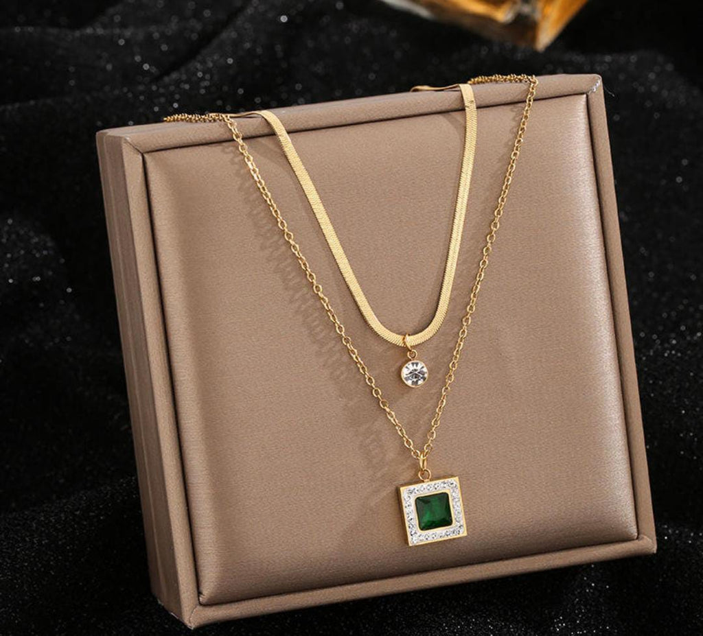Anti-Tarnish Emerald Stone Square Dual Layer Stainless Steel Necklace