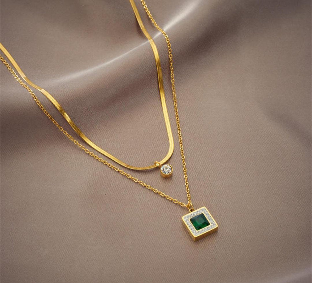 Anti-Tarnish Emerald Stone Square Dual Layer Stainless Steel Necklace
