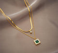 Anti-Tarnish Emerald Stone Square Dual Layer Stainless Steel Necklace