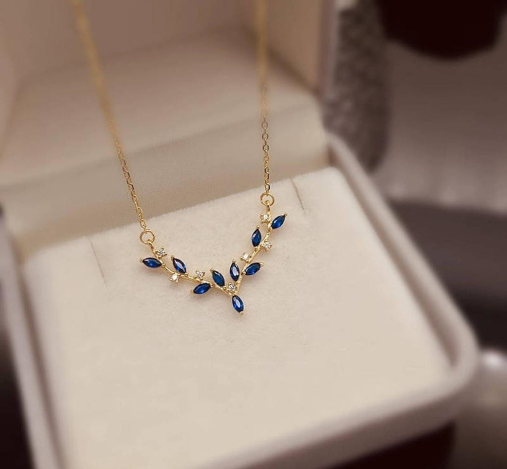 Anti-Tarnish Blue Leaf Antlers Deer Shape Stainless Steel Necklace