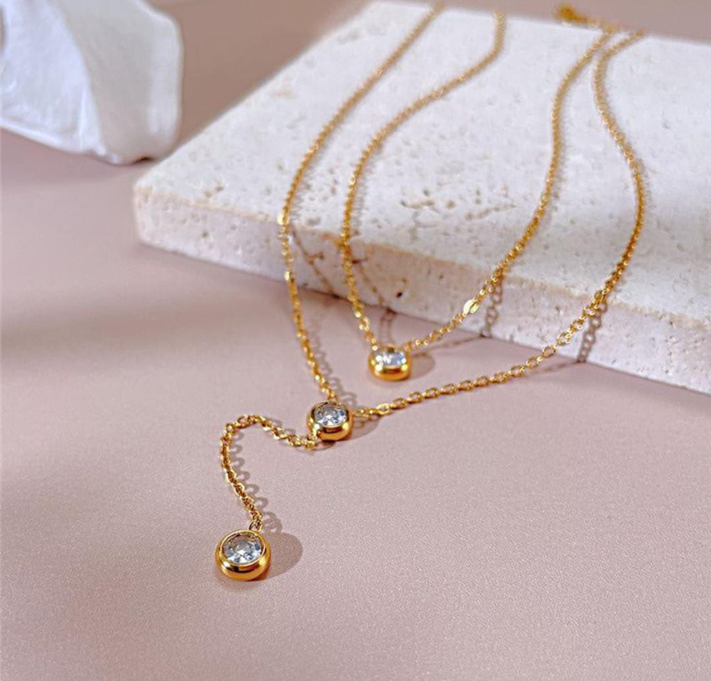 Anti-Tarnish Dual Layer Diamond Charms Stainless Steel Necklace