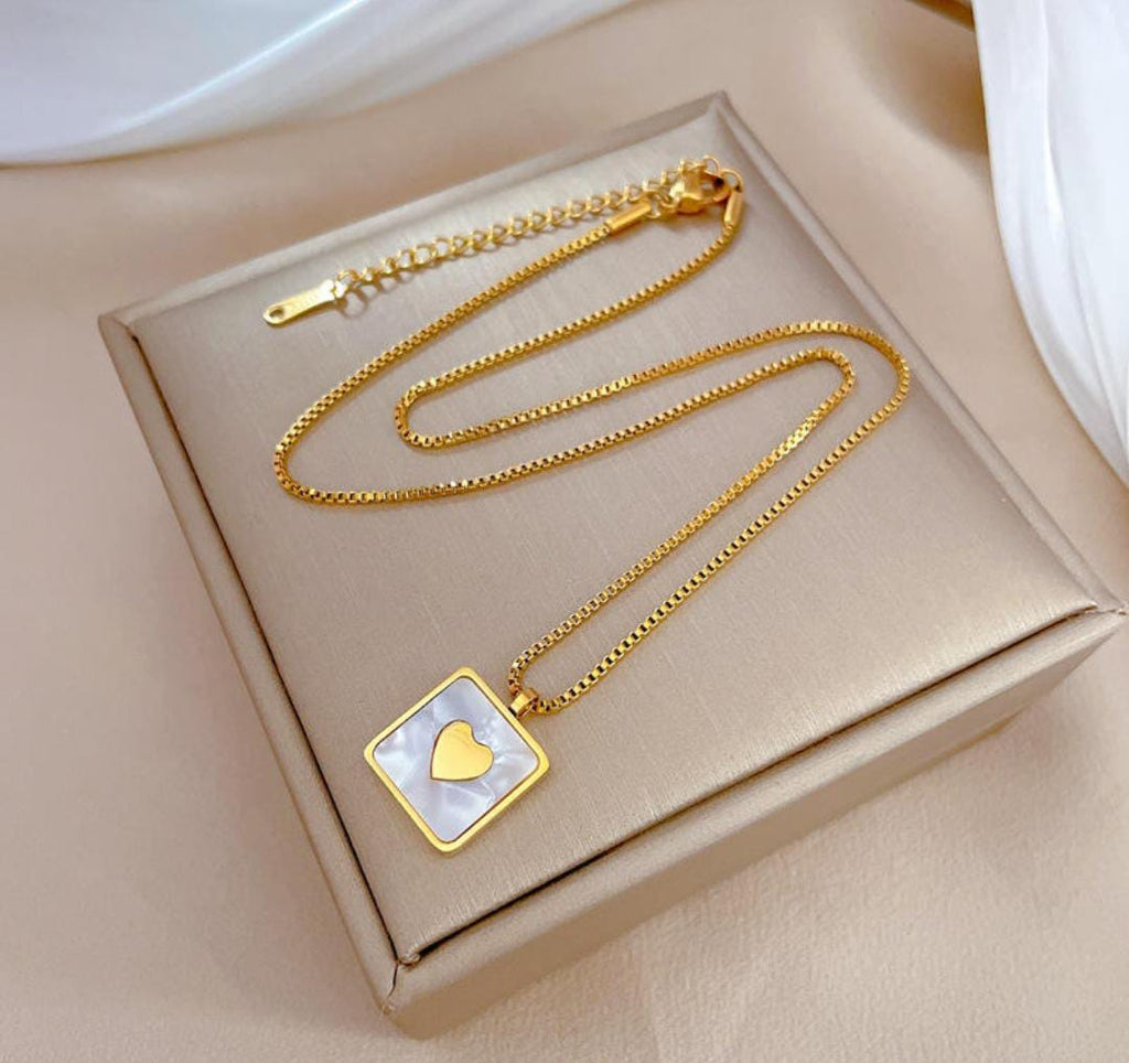 Anti-Tarnish Heart In Opal Square Stainless Steel Necklace