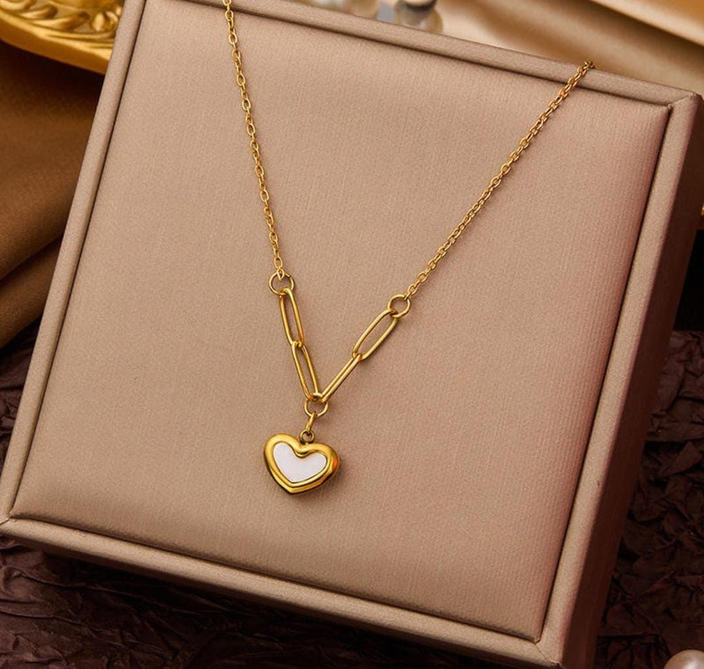 Anti-Tarnish White Heart Paper Clip Chain Stainless Steel Necklace