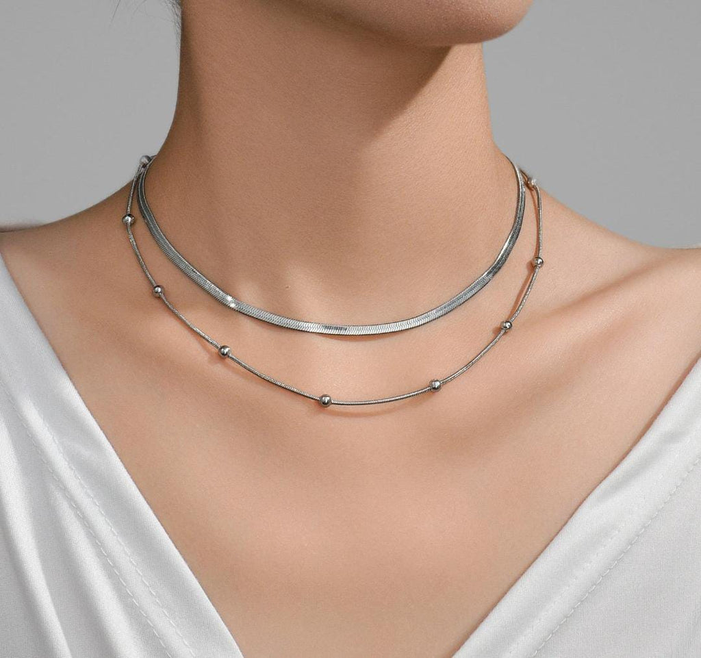 Anti-Tarnish Silver Beads & Flat Dual Chain Stainless Steel Necklace
