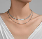 Anti-Tarnish Silver Beads & Flat Dual Chain Stainless Steel Necklace