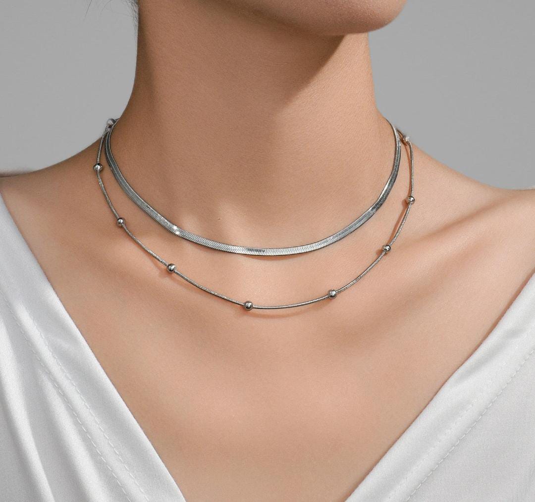 Anti-Tarnish Silver Beads & Flat Dual Chain Stainless Steel Necklace