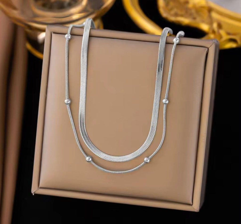 Anti-Tarnish Silver Beads & Flat Dual Chain Stainless Steel Necklace