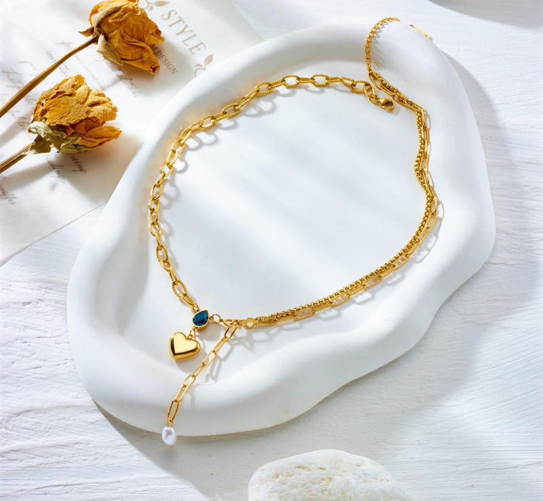 Anti-Tarnish Water Drop Stone Multi Layer Chain Stainless Steel Necklace