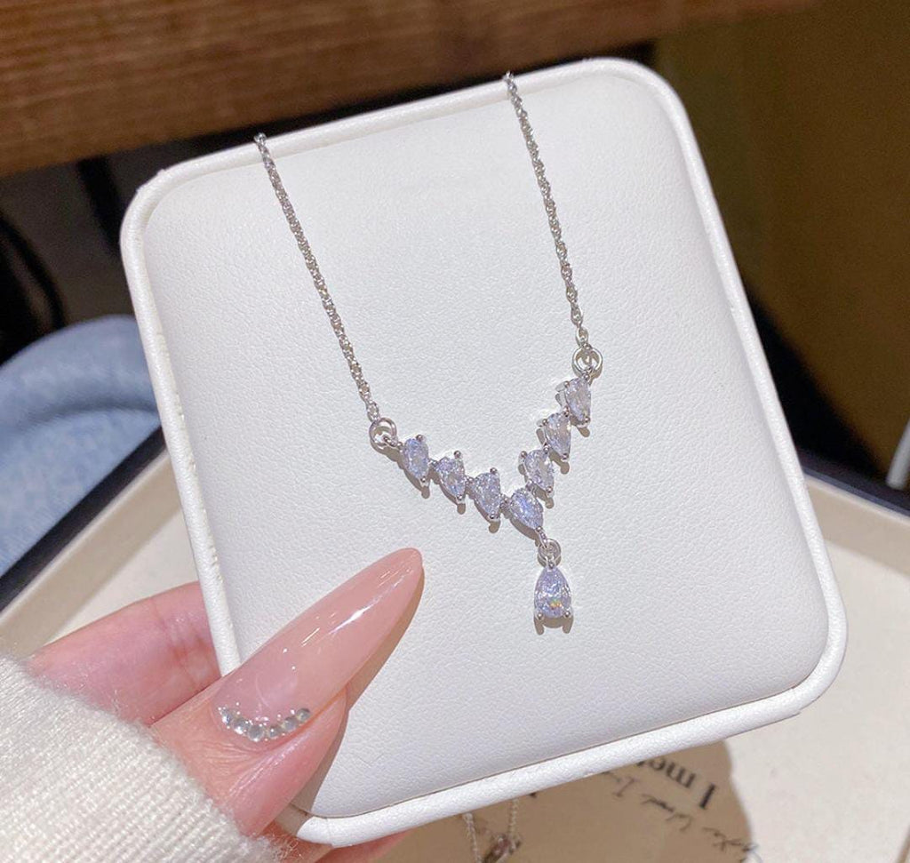 Anti-Tarnish Sparkling Water Drop V-shaped Stainless Steel Necklace