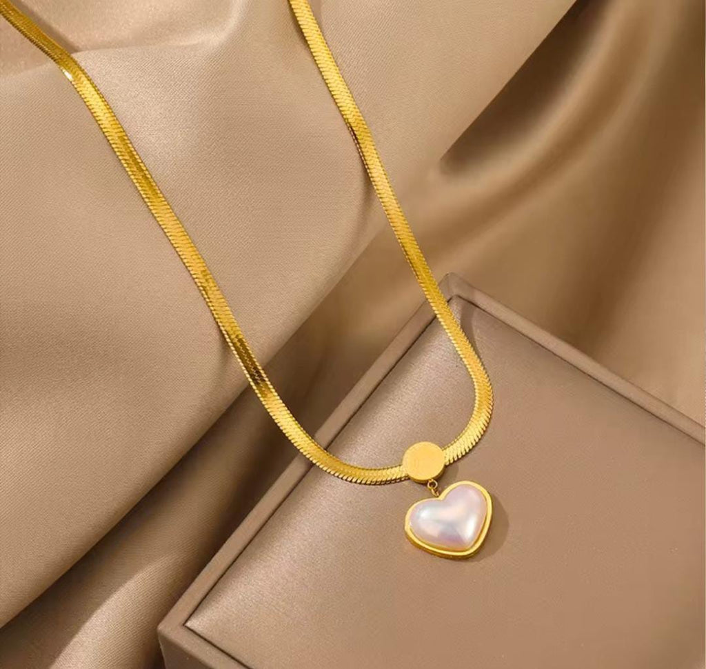 Anti-Tarnish Pearl Heart Snake Chain Stainless Steel Necklace