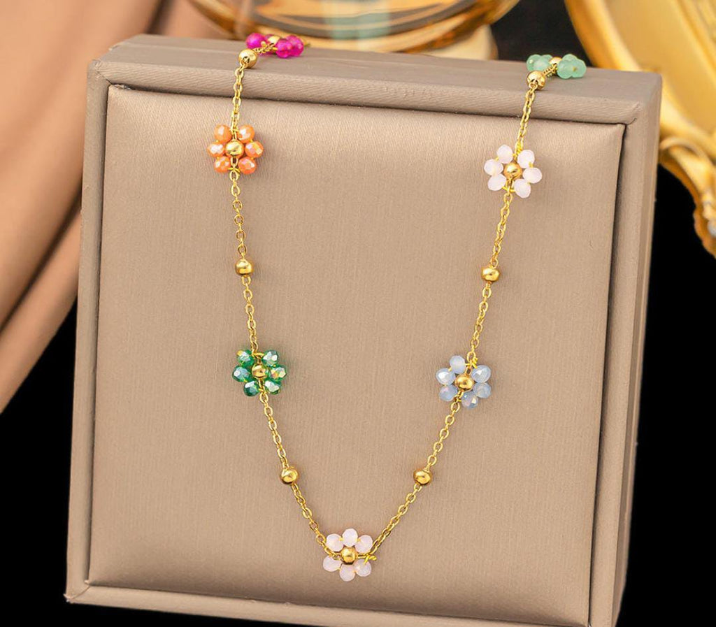 Anti-Tarnish Colorful Daisy Flower Crystal Beads Stainless Steel Necklace