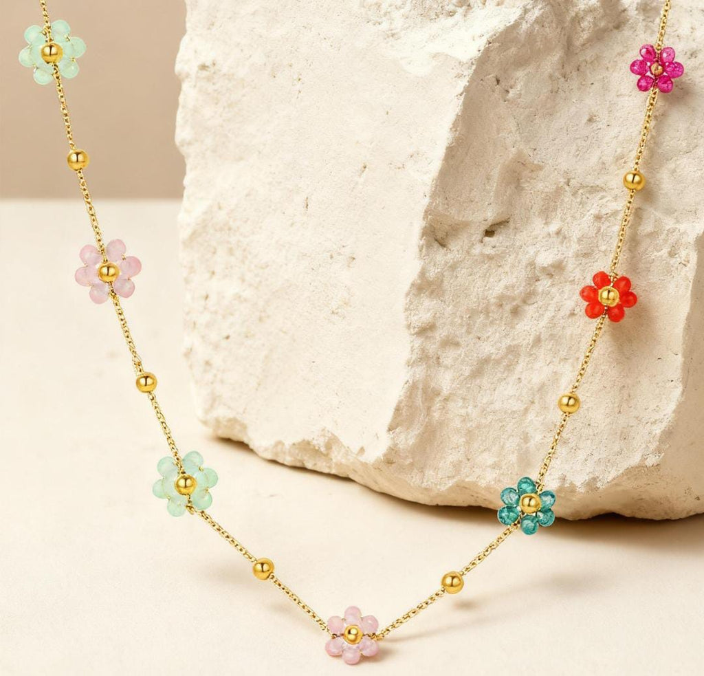 Anti-Tarnish Colorful Daisy Flower Crystal Beads Stainless Steel Necklace
