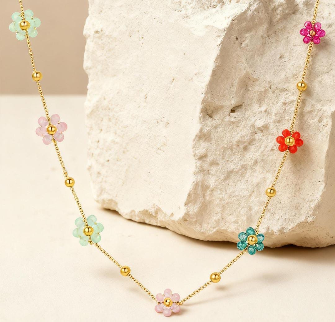 Anti-Tarnish Colorful Daisy Flower Crystal Beads Stainless Steel Necklace