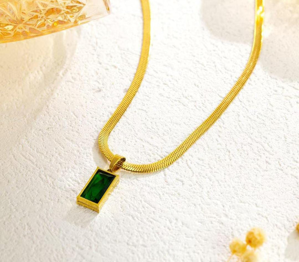 Anti-Tarnish Emerald Bar Drop Snake Chain Stainless Steel Necklace