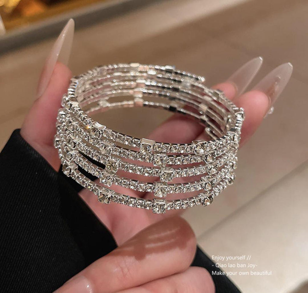 CZ Rhodium Color Five Layer Sparkling Shine Spiral Adjustable Open Cuff Bangle Bracelet