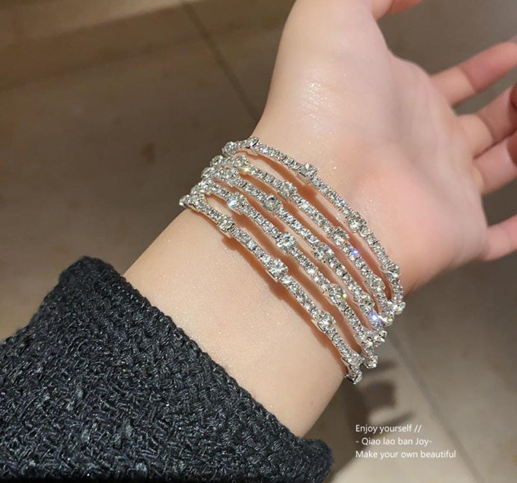 CZ Rhodium Color Five Layer Sparkling Shine Spiral Adjustable Open Cuff Bangle Bracelet