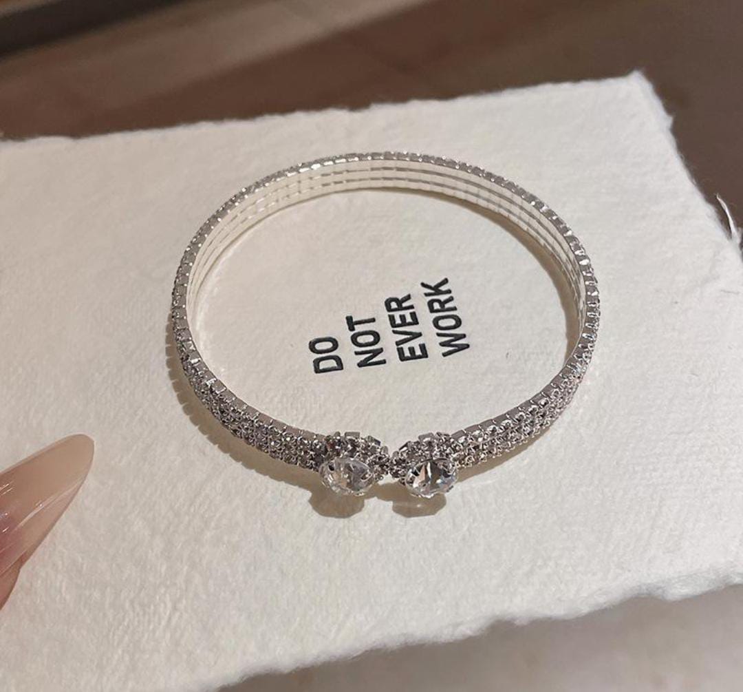 CZ Rhodium Color Three Layer Inlaid Stones Adjustable Open Cuff Bangle Bracelet