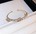 14K Gold Color CZ Pink Oval Diamonds Adjustable Open Cuff Bangle Bracelet
