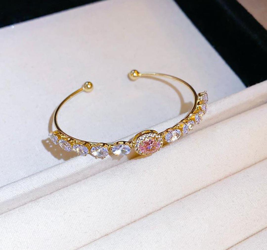 14K Gold Color CZ Pink Oval Diamonds Adjustable Open Cuff Bangle Bracelet