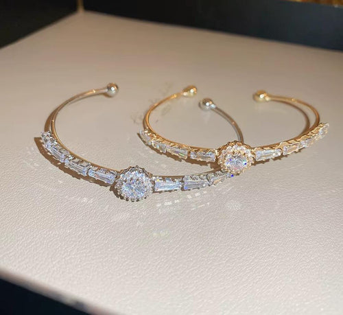 14K Gold Color CZ Round Geometric Diamonds Adjustable Open Cuff Bangle Bracelet (Assorted Colors)