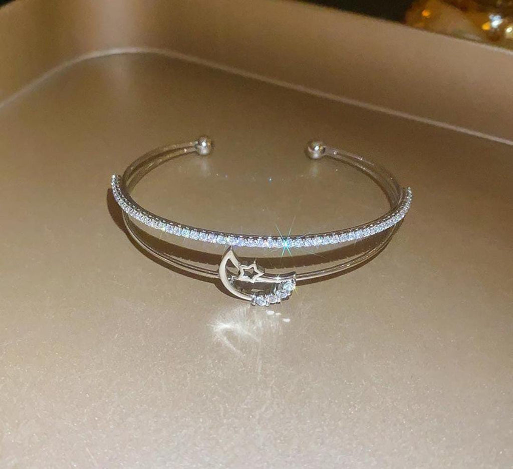 14K Gold Color CZ Moonstone Dual Layer Adjustable Open Cuff Bangle Bracelet
