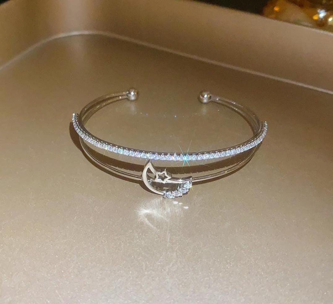 14K Gold Color CZ Moonstone Dual Layer Adjustable Open Cuff Bangle Bracelet