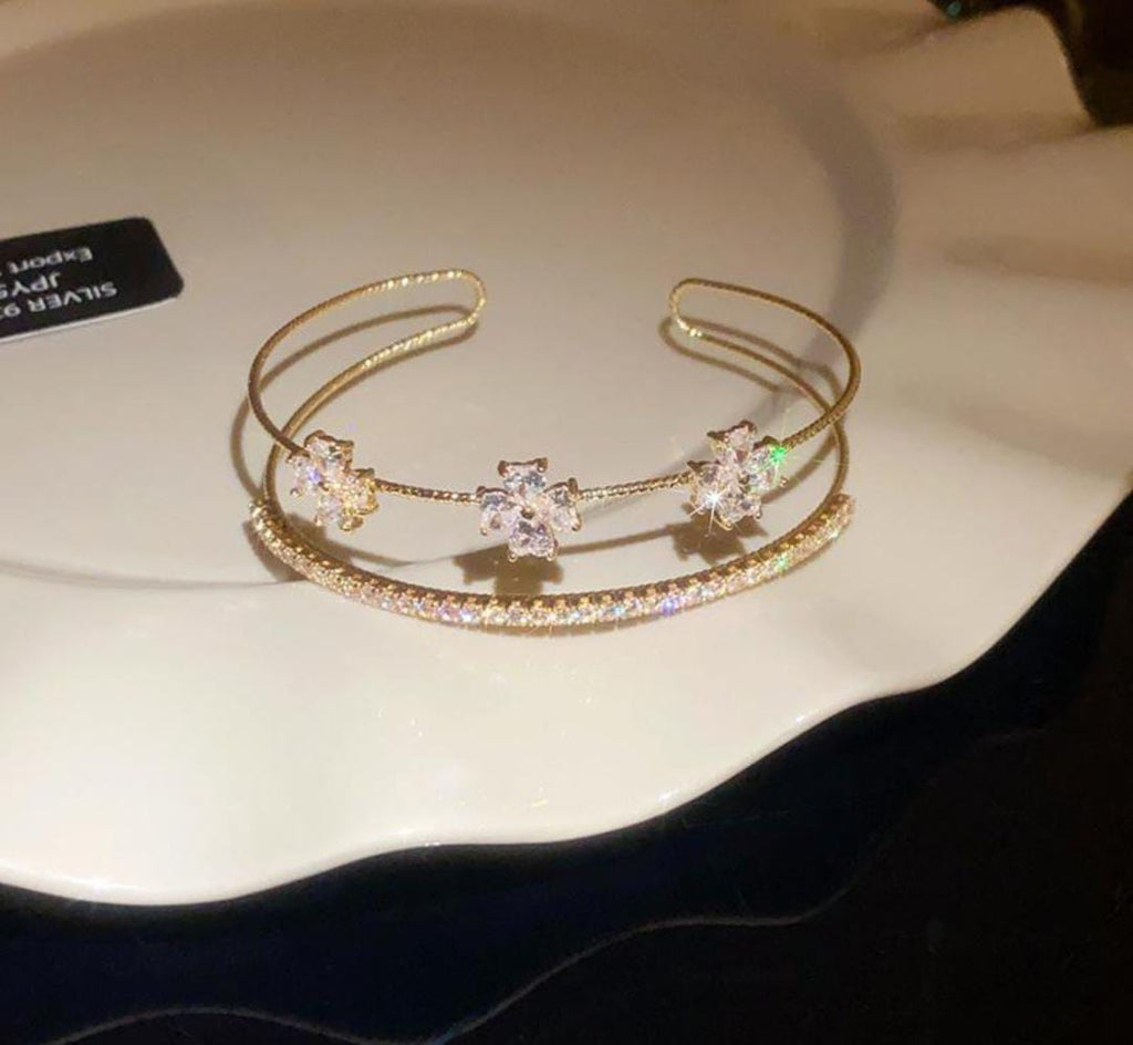 14K Gold Color CZ Dual Layer Three Flower Adjustable Open Cuff Bangle Bracelet