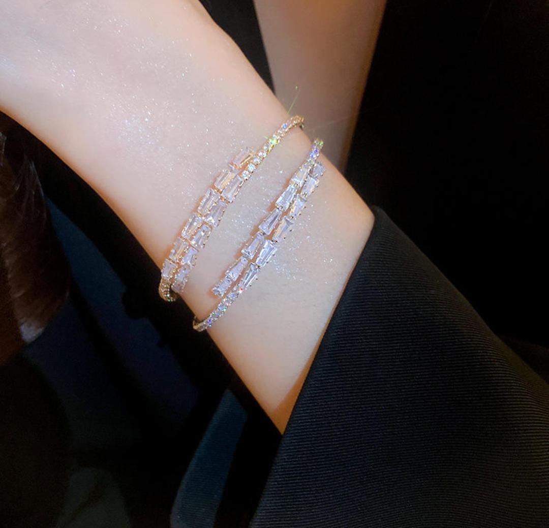 14K Gold Color CZ Sparkling Diamond Micropaved Adjustable Open Cuff Bangle Bracelet (Assorted Colors)