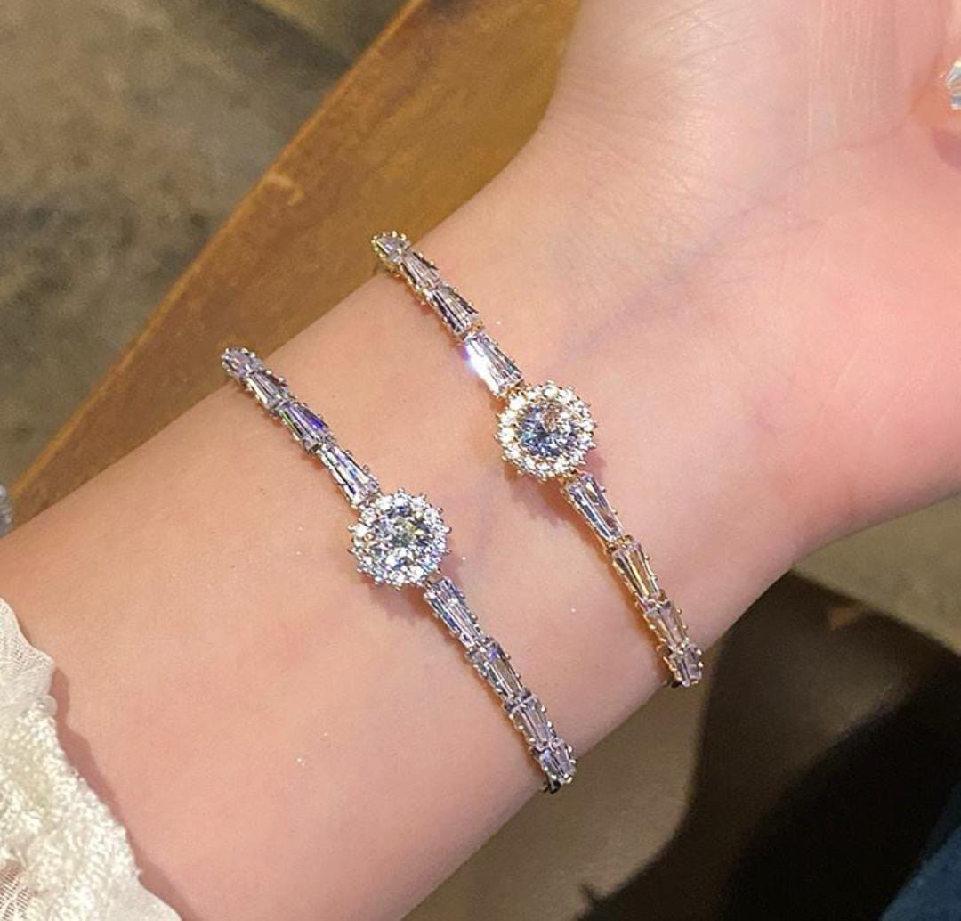 14K Gold Color CZ Round Geometric Diamonds Adjustable Open Cuff Bangle Bracelet (Assorted Colors)