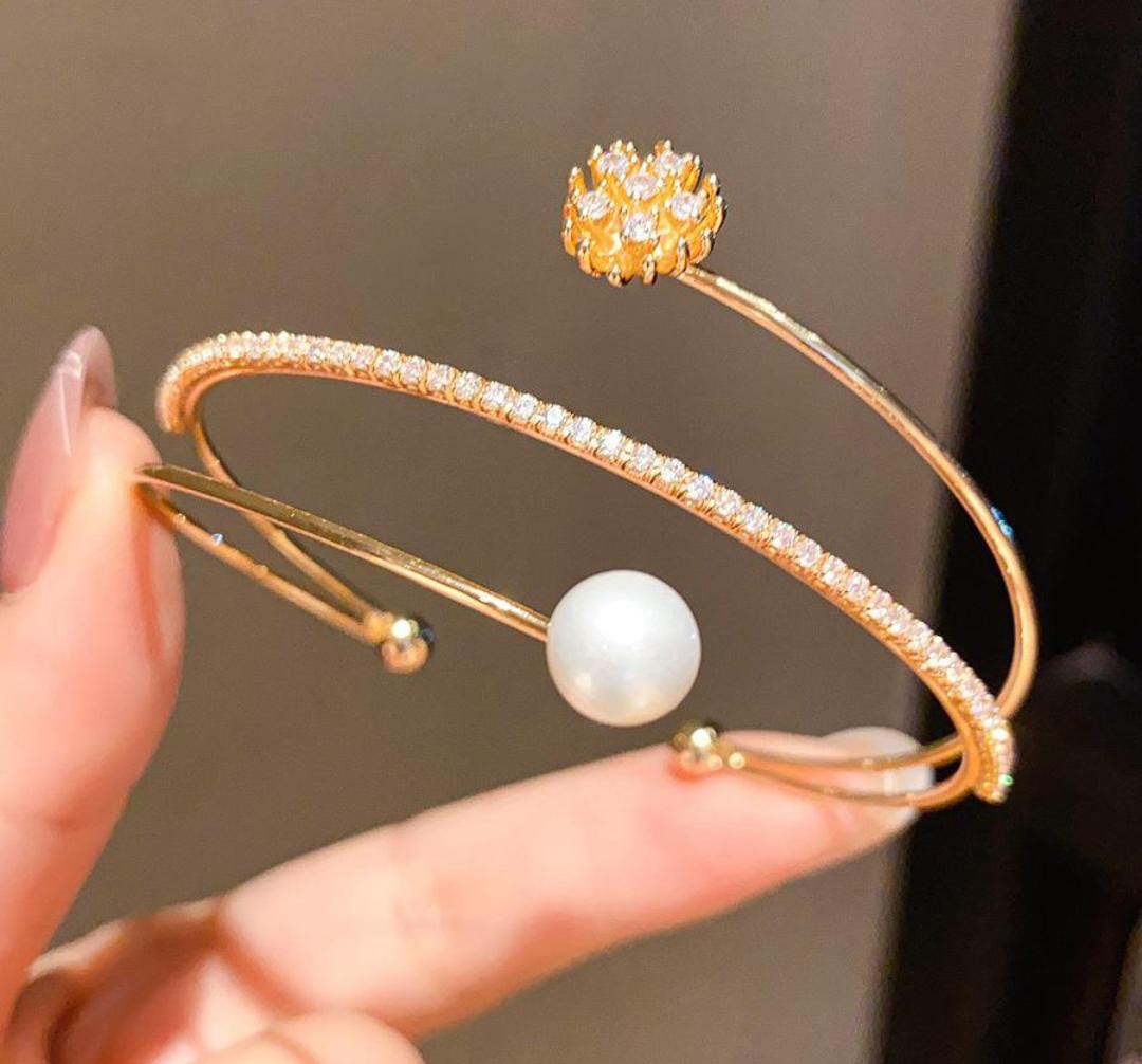 14K Gold Color CZ Pearl & Flower Double Layer Adjustable Open Cuff Bangle Bracelet