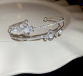 CZ Rhodium Color Double Layered Floral Style Adjustable Open Cuff Bangle Bracelet