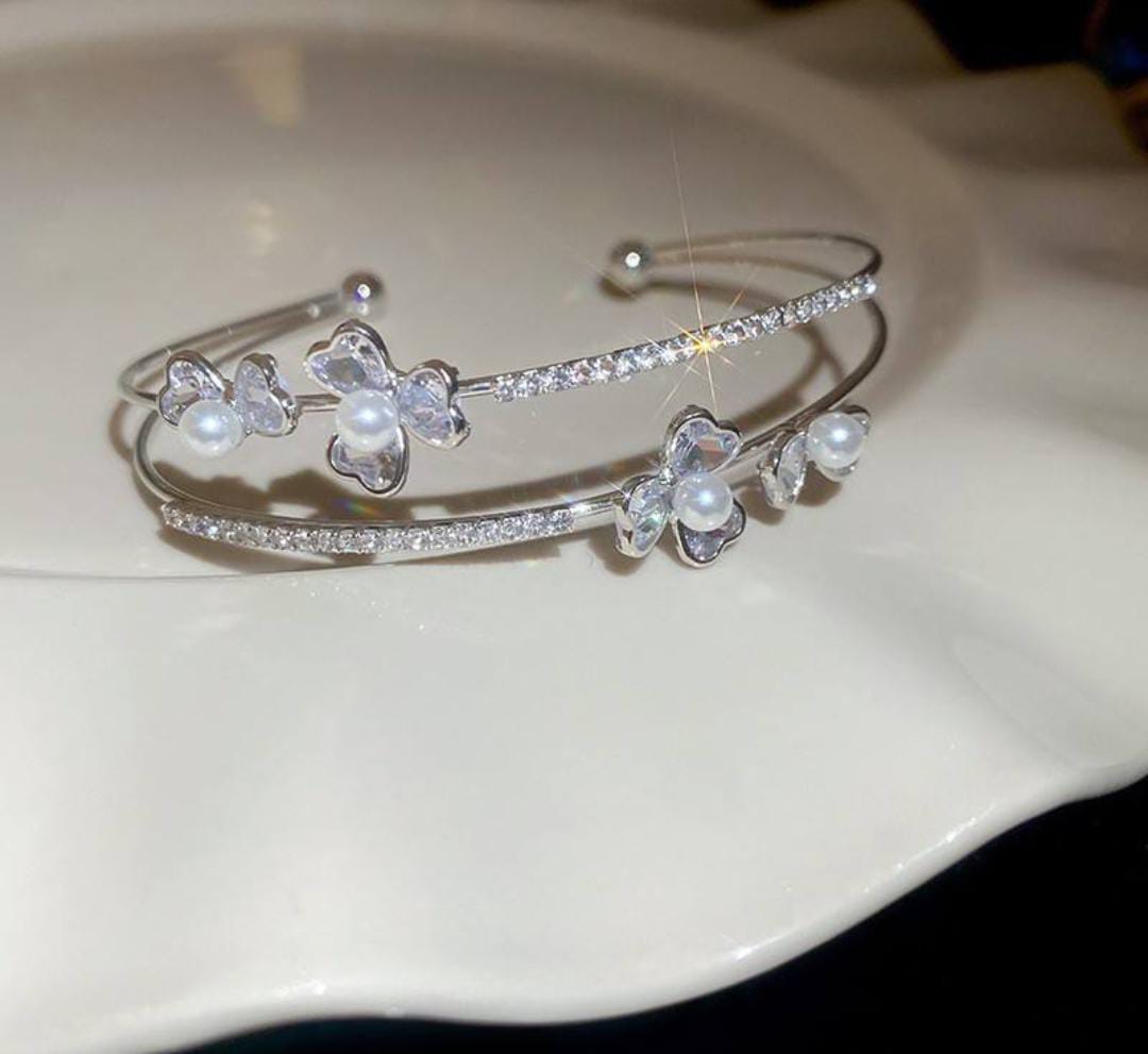 CZ Rhodium Color Double Layered Floral Style Adjustable Open Cuff Bangle Bracelet
