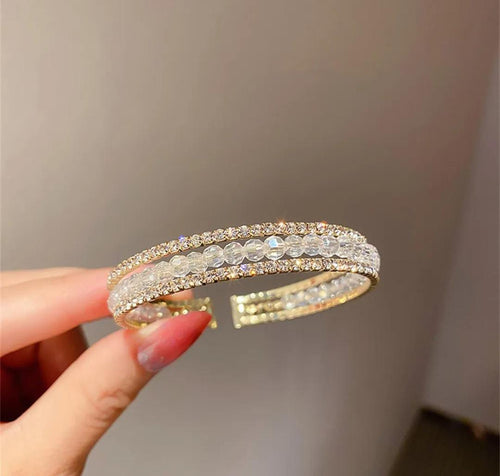 14K Gold Color CZ Three Layer Crystal Adjustable Open Cuff Bangle Bracelet