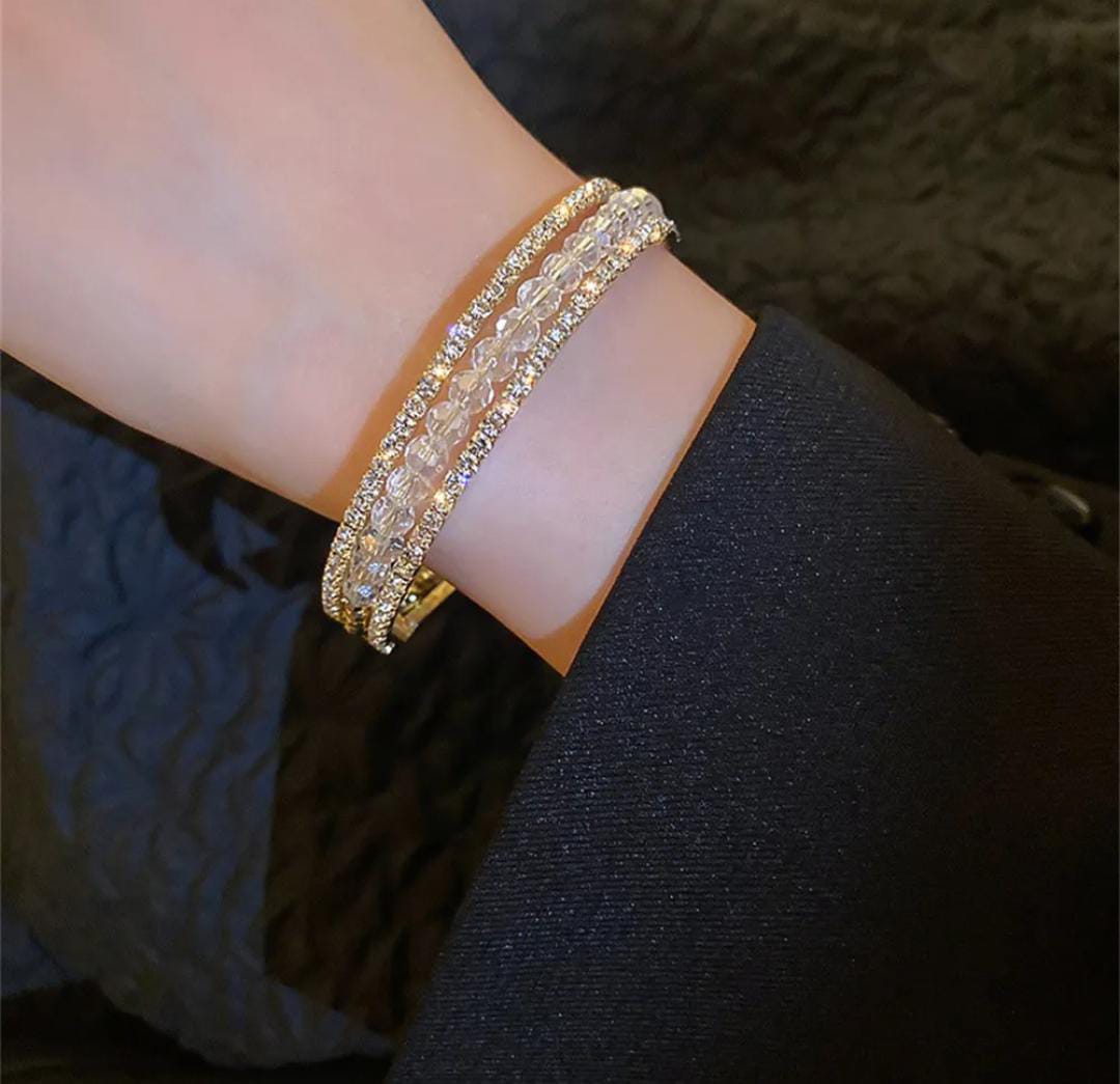14K Gold Color CZ Three Layer Crystal Adjustable Open Cuff Bangle Bracelet