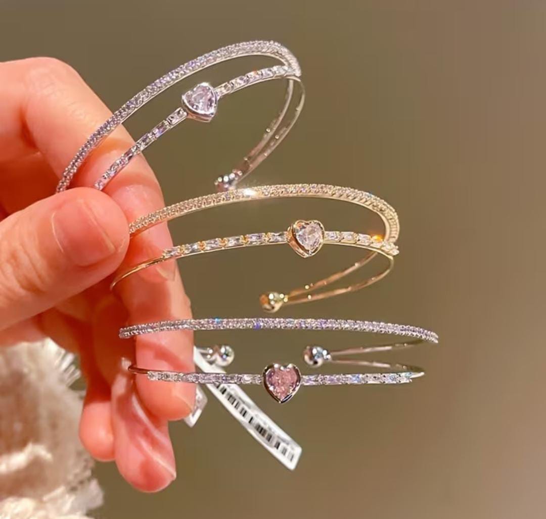 14K Gold Color CZ Delicate Heart Double-Layer Adjustable Open Cuff Bangle Bracelet (Assorted Colors)