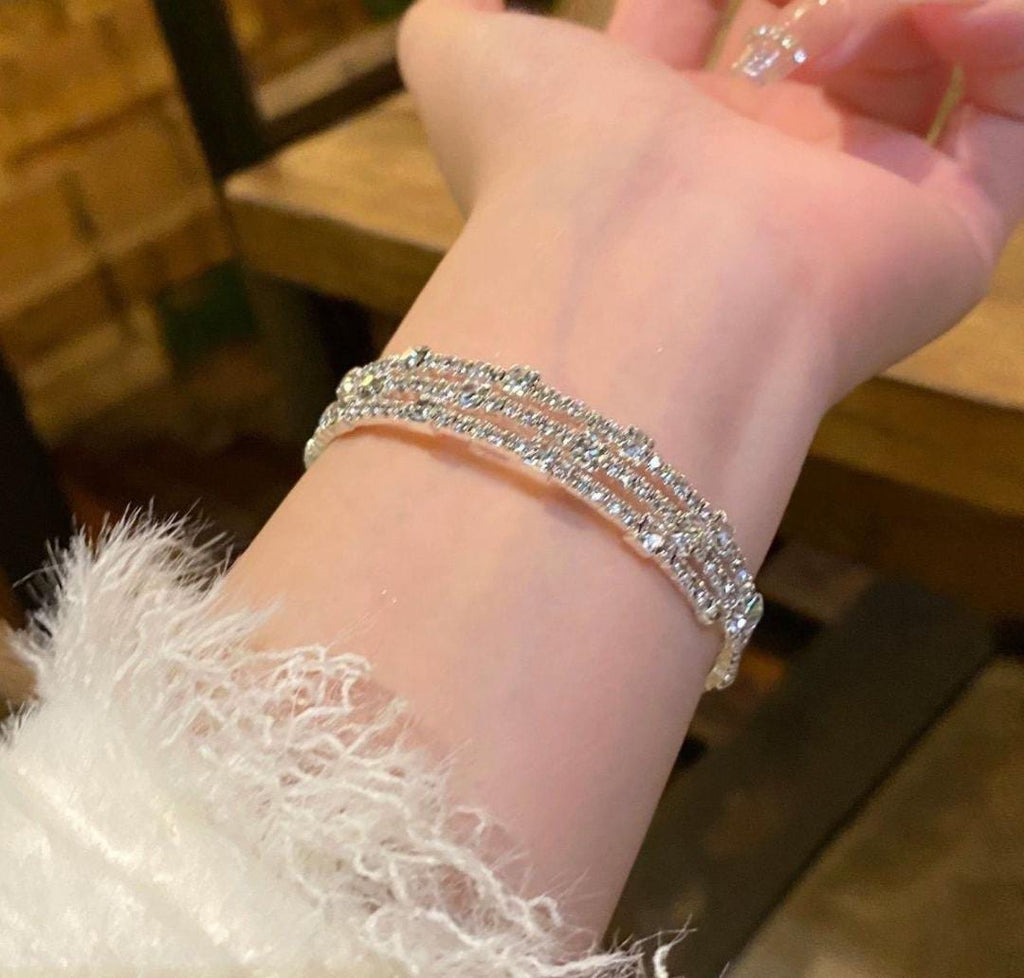 CZ Rhodium Color Three Layer Sparkling Shine Spiral Adjustable Bracelet
