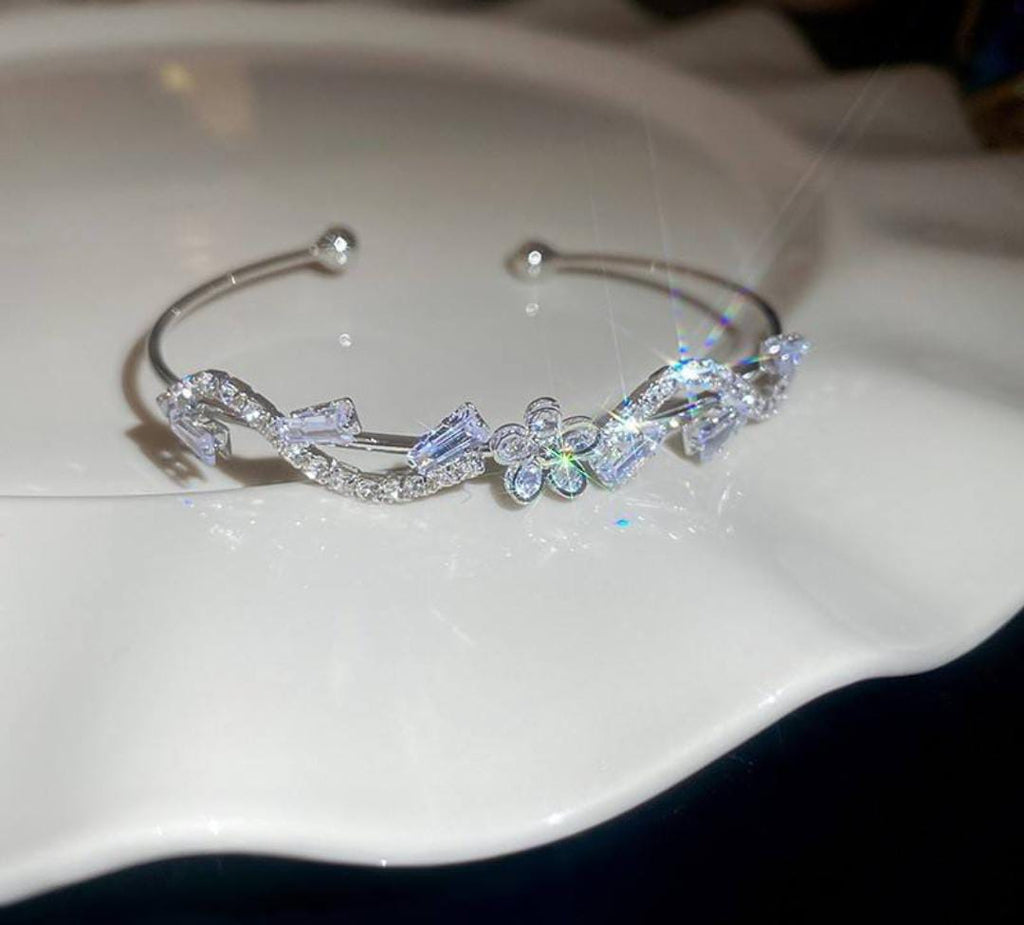 CZ Rhodium Color Flower Wave Adjustable Open Cuff Bangle Bracelet