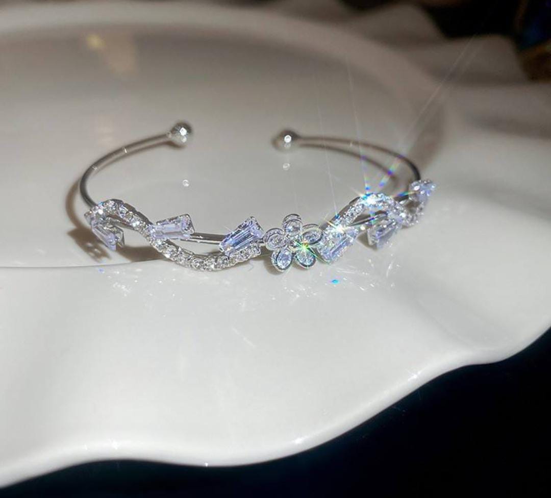 CZ Rhodium Color Flower Wave Adjustable Open Cuff Bangle Bracelet