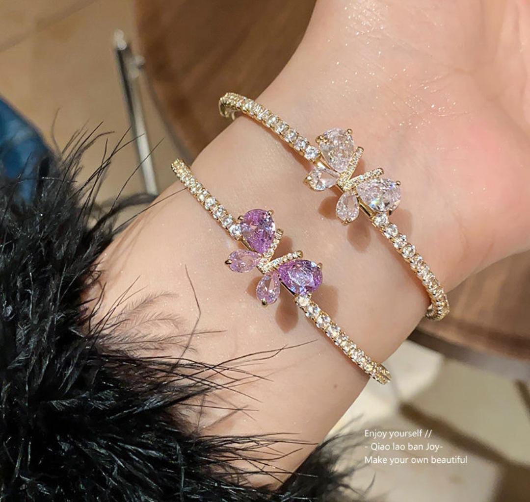 14K Gold Color CZ Butterfly Adjustable Open Cuff Bangle Bracelet (Assorted Colors)