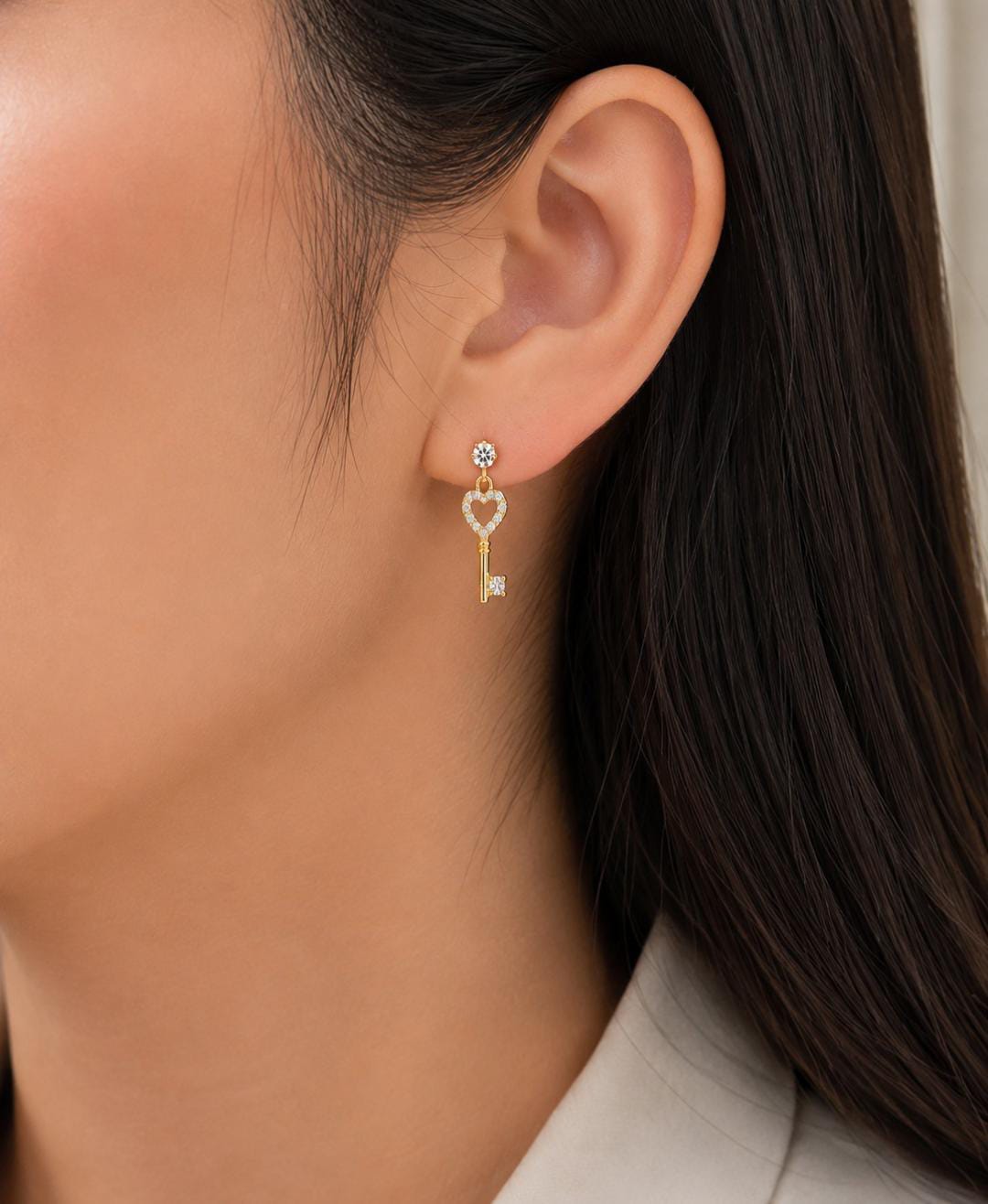 Anti-Tarnish Stainless Steel Rhodium Silver CZ Key Heart Drop Stud Earrings (Waterproof)