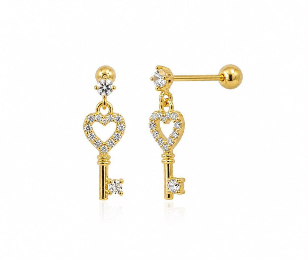 Anti-Tarnish Stainless Steel Rhodium Silver CZ Key Heart Drop Stud Earrings (Waterproof)