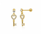Anti-Tarnish Stainless Steel Rhodium Silver CZ Key Heart Drop Stud Earrings (Waterproof)
