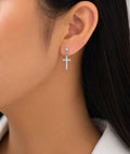 Anti-Tarnish Stainless Steel Rhodium Silver CZ Cross Drop Stud Earrings (Waterproof)