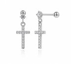 Anti-Tarnish Stainless Steel Rhodium Silver CZ Cross Drop Stud Earrings (Waterproof)