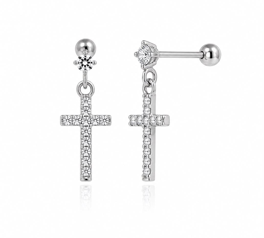 Anti-Tarnish Stainless Steel Rhodium Silver CZ Cross Drop Stud Earrings (Waterproof)