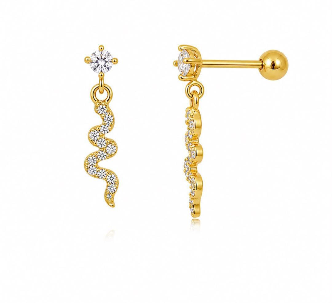 Anti-Tarnish Stainless Steel 18K Gold CZ Snake Wave Drop Stud Earrings (Waterproof)