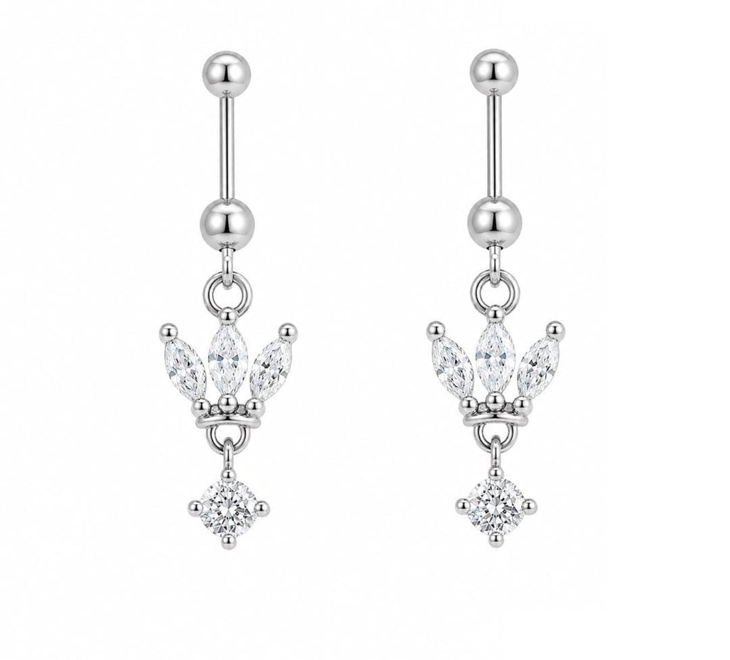 Anti-Tarnish Stainless Steel Rhodium Silver CZ Hanging Lotus Upper Piercing Cartilage Helix Barbell Earrings (Waterproof)