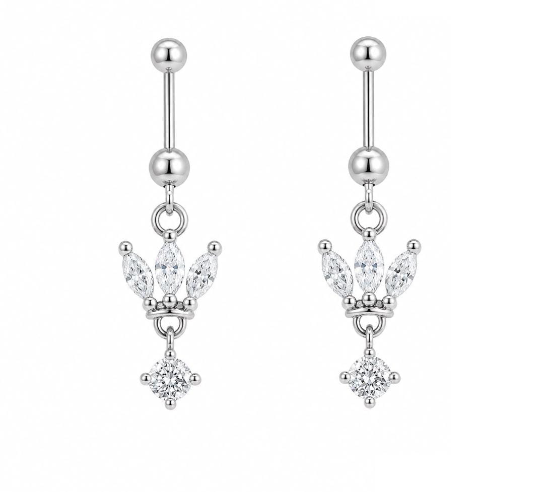 Anti-Tarnish Stainless Steel Rhodium Silver CZ Hanging Lotus Upper Piercing Cartilage Helix Barbell Earrings (Waterproof)