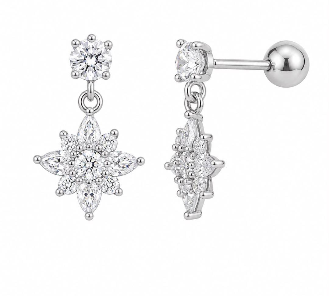 Anti-Tarnish Stainless Steel Rhodium Silver CZ Star Gaze Drop Stud Earrings (Waterproof)