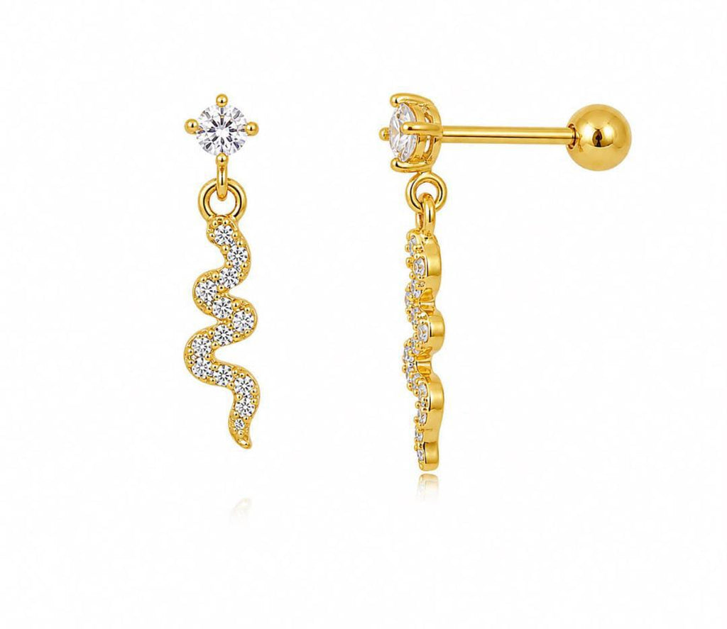 Anti-Tarnish Stainless Steel 18K Gold CZ Snake Wave Drop Stud Earrings (Waterproof)